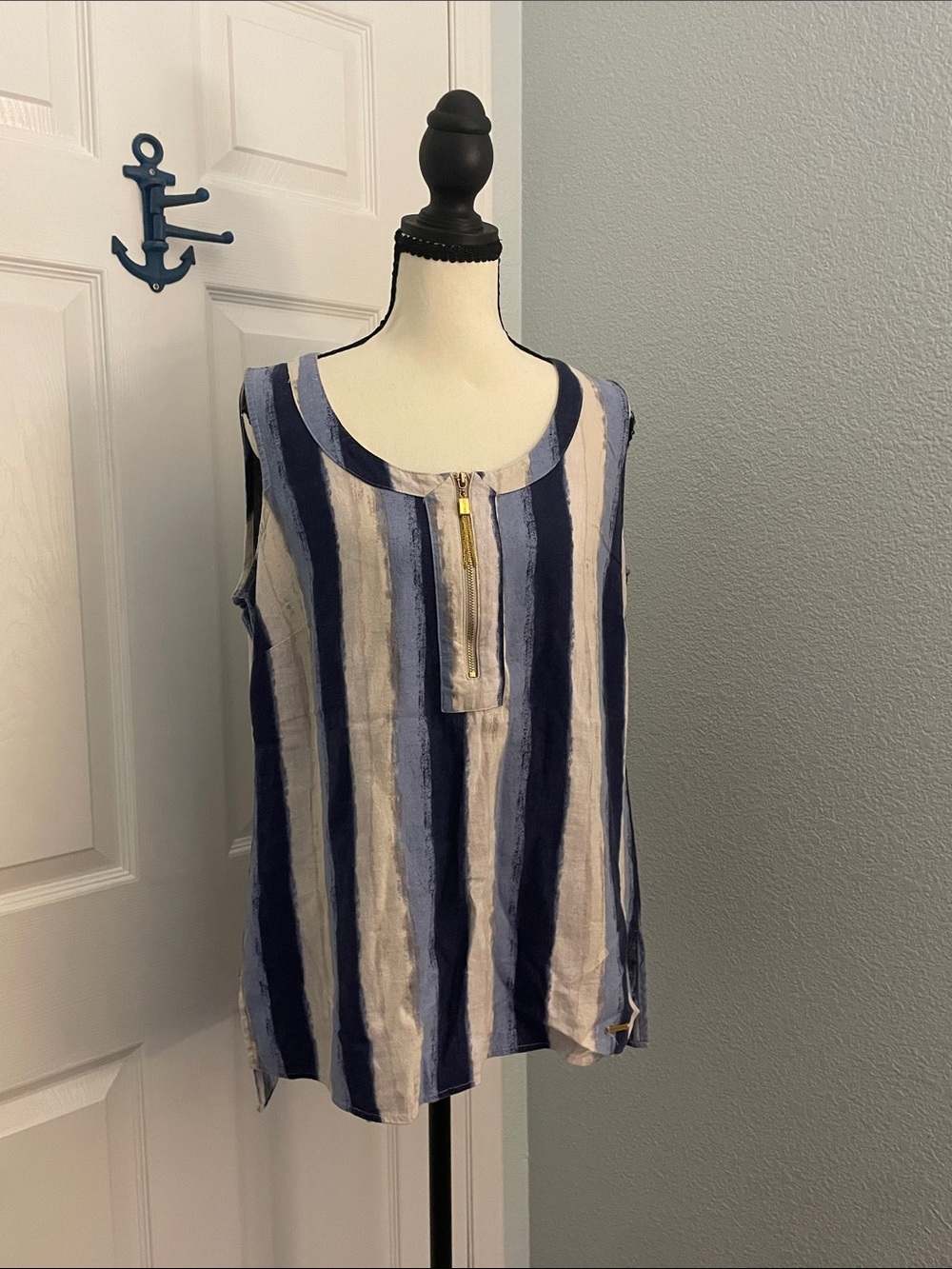 Ellen Tracy Navy, Light Blue & Cream Striped Zip-Front Tank